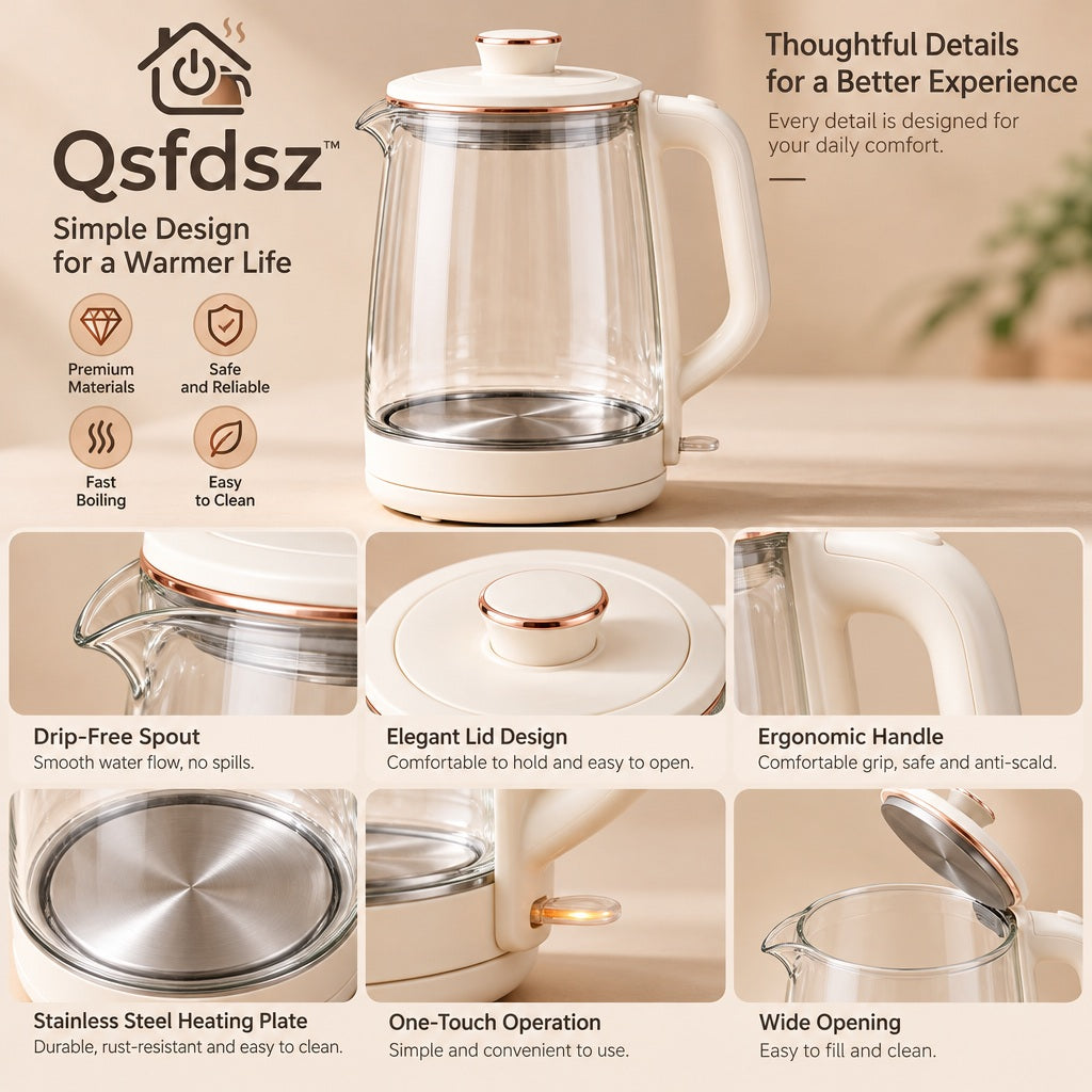 Qsfdsz™ Glass Electric Kettle, 1.7L with Rose Gold Trim — design details